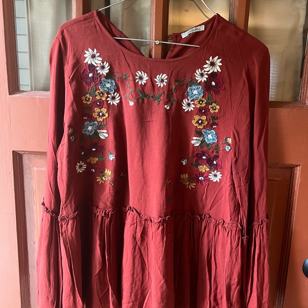 JODIFL Boho Red Floral Embroidered Blouse